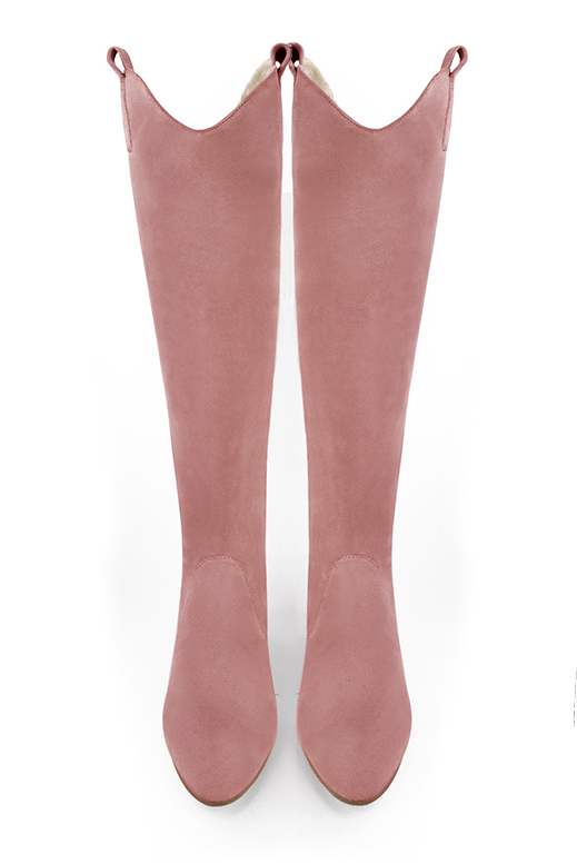 Dusty rose pink women's cowboy boots. Round toe. Flat wedge heels. Made to measure. Top view - Florence KOOIJMAN